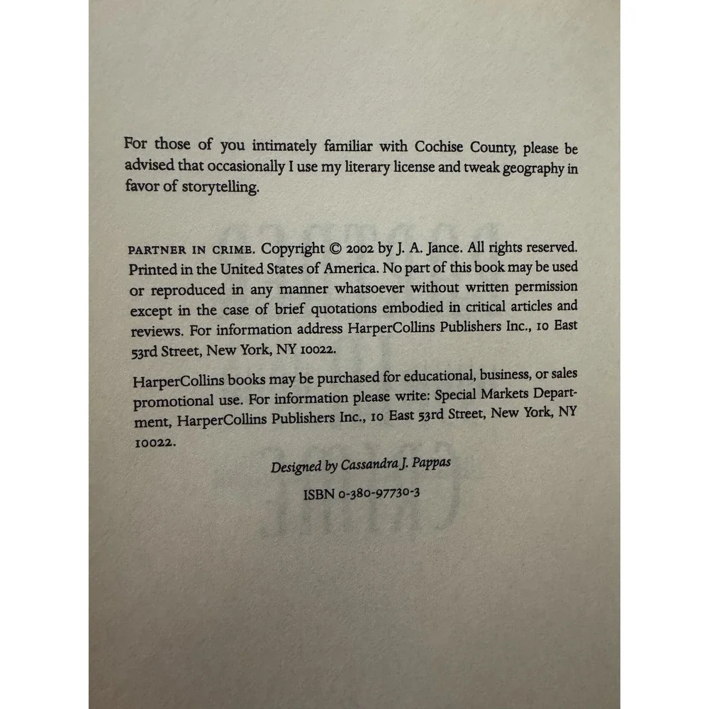 J.A. Jance - Partner in Crime Hardcover Book - Mystery Thriller Novel